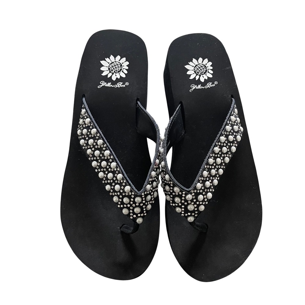 Yellow Box Koreen Flip Flops Womens 8 Black Wedge Pearl Rhinestone Glam Sandal